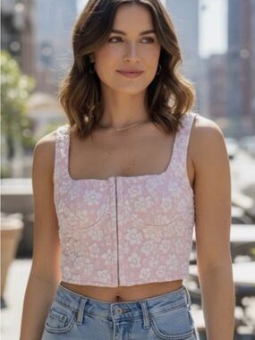 Wild Fable Corset Top Women’s XS Pink Floral Cropped Sleeveless Textured